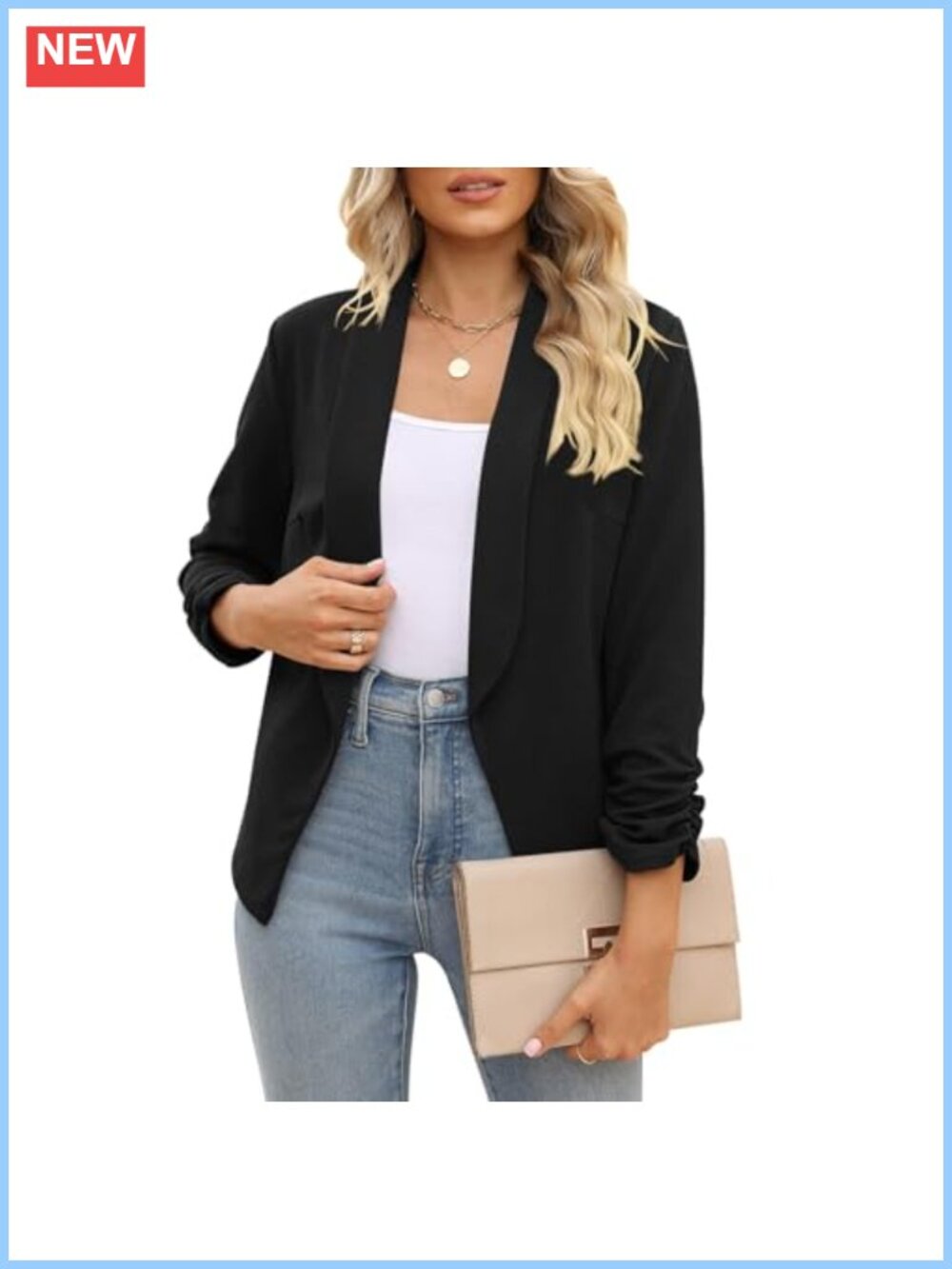 Women's Open Front Blazer Shawl Collar 3/4 Ruched Sleeve Business Casual Office